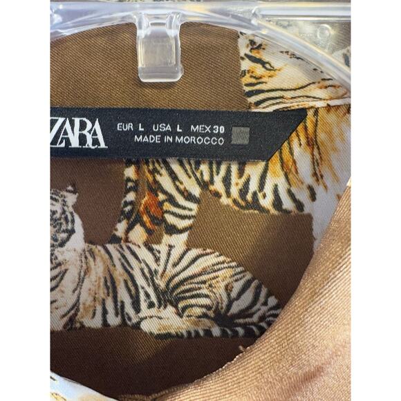 ZARA Tiger Print Oversized Long Sleeves Shirt Brown Ivory L dark academia 72-27 - Picture 5 of 16